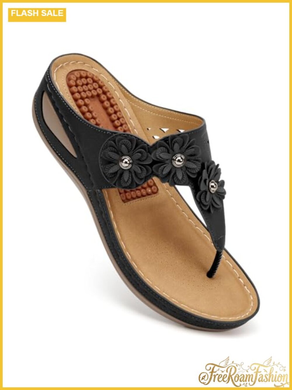 Womens Wedge Sandals Comfortable Flip Flops Faux Leather Adjustable Hook Loop